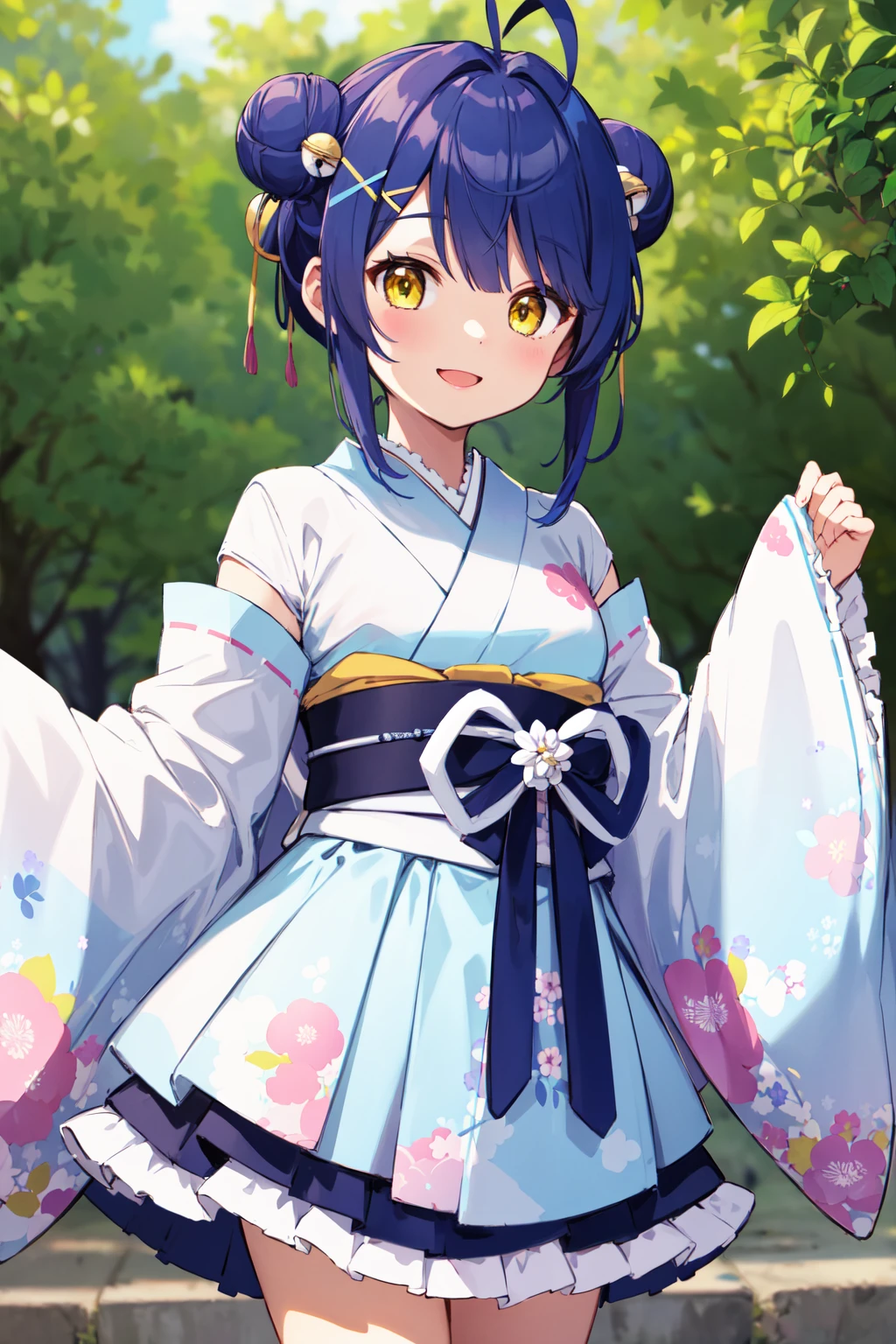 masterpiece, best quality, highres, bbmya, short hair, ahoge, double bun, hair ribbon, hair bow, hair flower, hair bell, x hair ornament, floral print, japanese clothes, frilled kimono, wide sleeves, sleeves past wrists, sash, obi, <lora:amamiya_kokoro_v1:0.7>, standing, cowboy shot, smile, outdoors