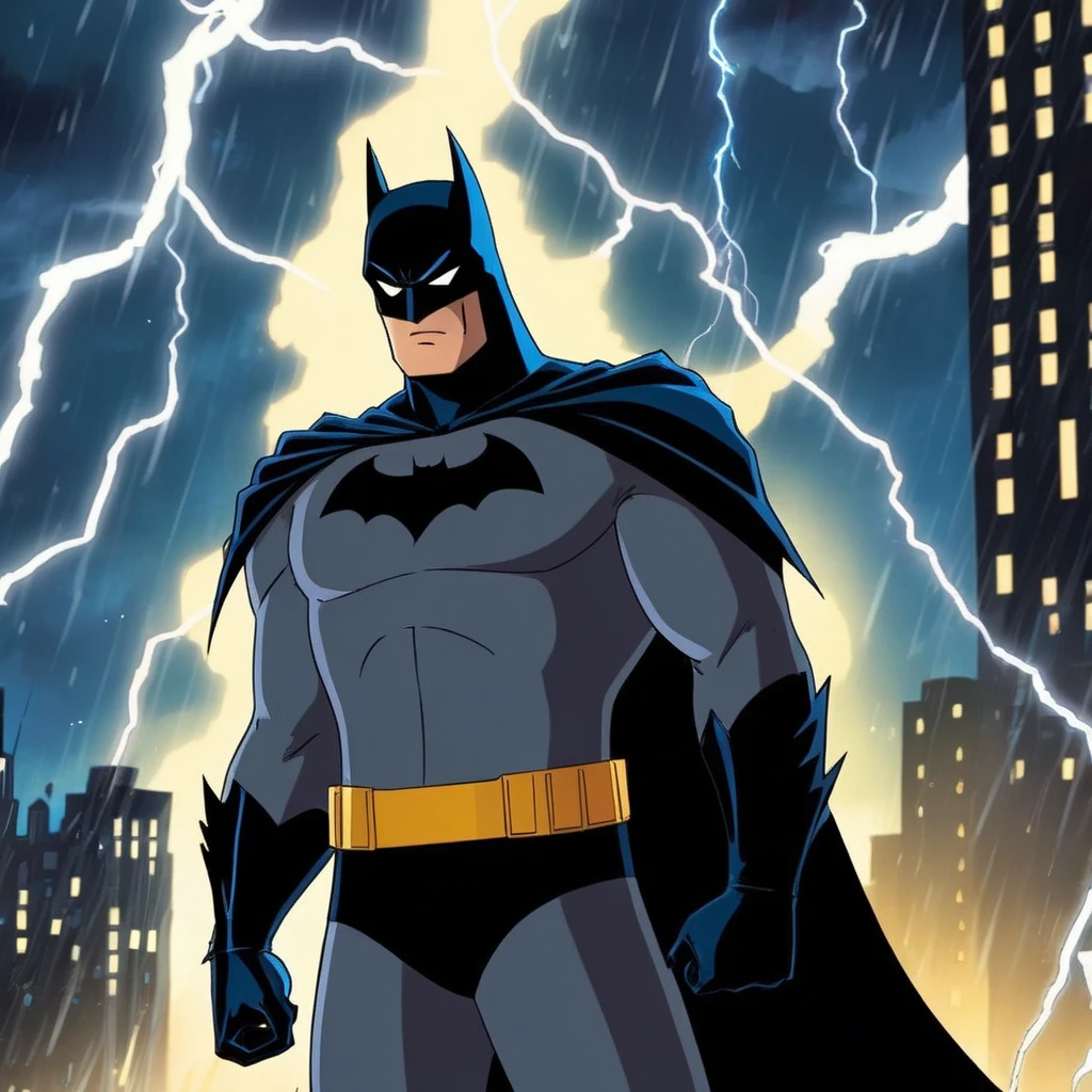 anime artwork of <lora:Batman:1>
a closeup on batman silhouetted standing in front of a lightning bolt in stormy rainy weather In Gotham City Universe, anime style, key visual, vibrant, studio anime, highly detailed