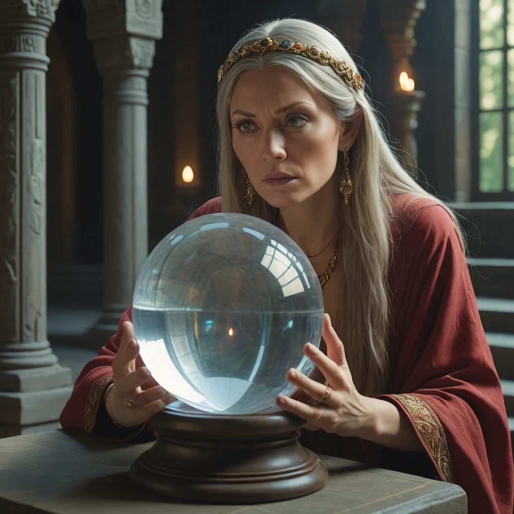 medium shot shot, A prophetess gazing into a crystal ball in a secluded temple., (High Fantasy Art Magical mythical enchanted epic enigmatic spellbinding :1.3)