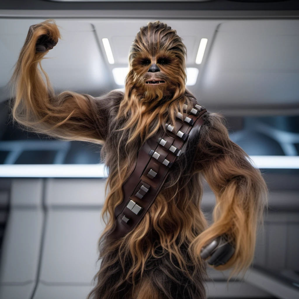 Chewbacca1024, a furry very muscular humanoid, full body,flexing muscle pose, in a spaceship, detailed eyes, highly detailed, photography, ultra sharp, film, bokeh, professional, 4k <lora:Chewbacca1024:0.8>