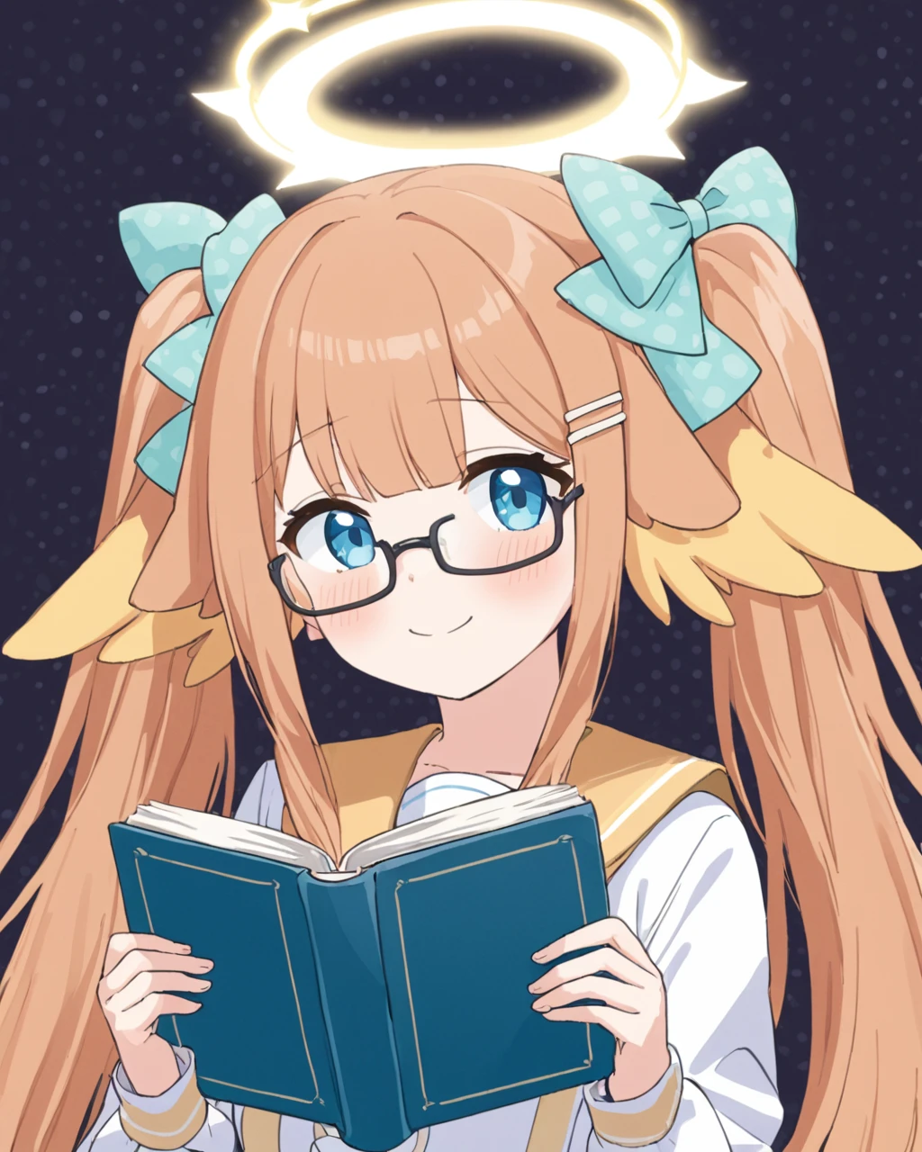 shimiko \(blue archive\),1girl, solo, twintails, twitter_username, hair_bow, glasses, holding_book, puffy_long_sleeves, upper_body, open_book, halo, reading, smile, closed_mouth, black-framed_eyewear, white_shirt, green_bow, under-rim_eyewear, virtual_youtuber, neck_ribbon, hairclip, blush_stickers, head_wings, sailor_collar, feathered_wings, polka_dot_background, cropped_torso
<lora:shimiko_(blue_archive)_image56_2023-12-01:1>halo. gorgeous,key visual, vibrant, studio anime,award-winning, professional, highly detailed,high budget, cinemascope