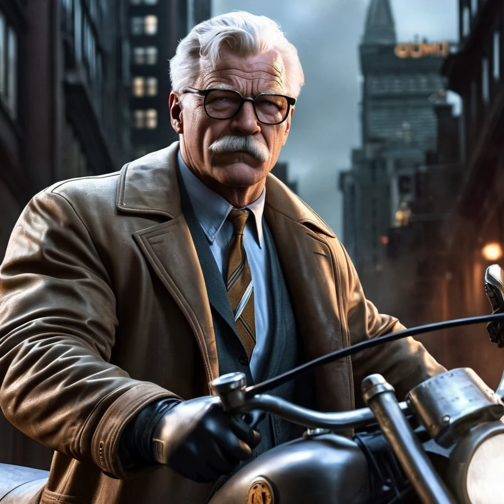 Hyperrealistic art of  <lora:Commissioner Gordon:1.2>
Commissioner Gordon a man holding a gun and a motorcycle in Gotham city universe, Extremely high-resolution details, photographic, realism pushed to extreme, fine texture, incredibly lifelike