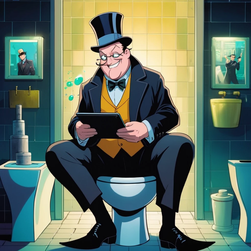 anime artwork of <lora:Oswald Cobblepot:1.2>
Oswald Cobblepot a cartoon character sitting on a toilet holding a tablet in Gotham city universe, anime style, key visual, vibrant, studio anime, highly detailed