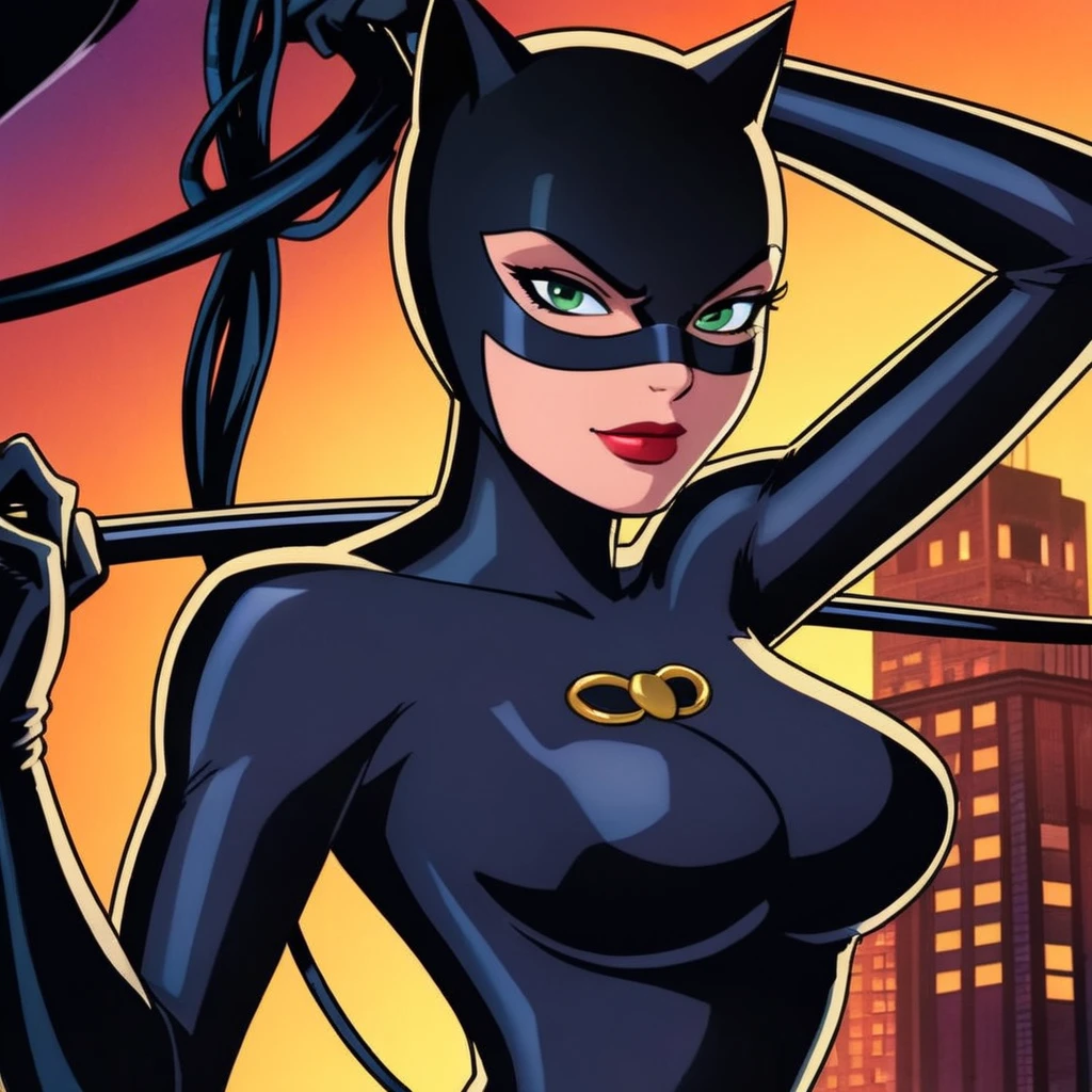 anime artwork of  <lora:Catwoman:1.2>
Catwoman a cartoon catwoman is holding a whip In Gotham City Universe, anime style, key visual, vibrant, studio anime,  highly detailed