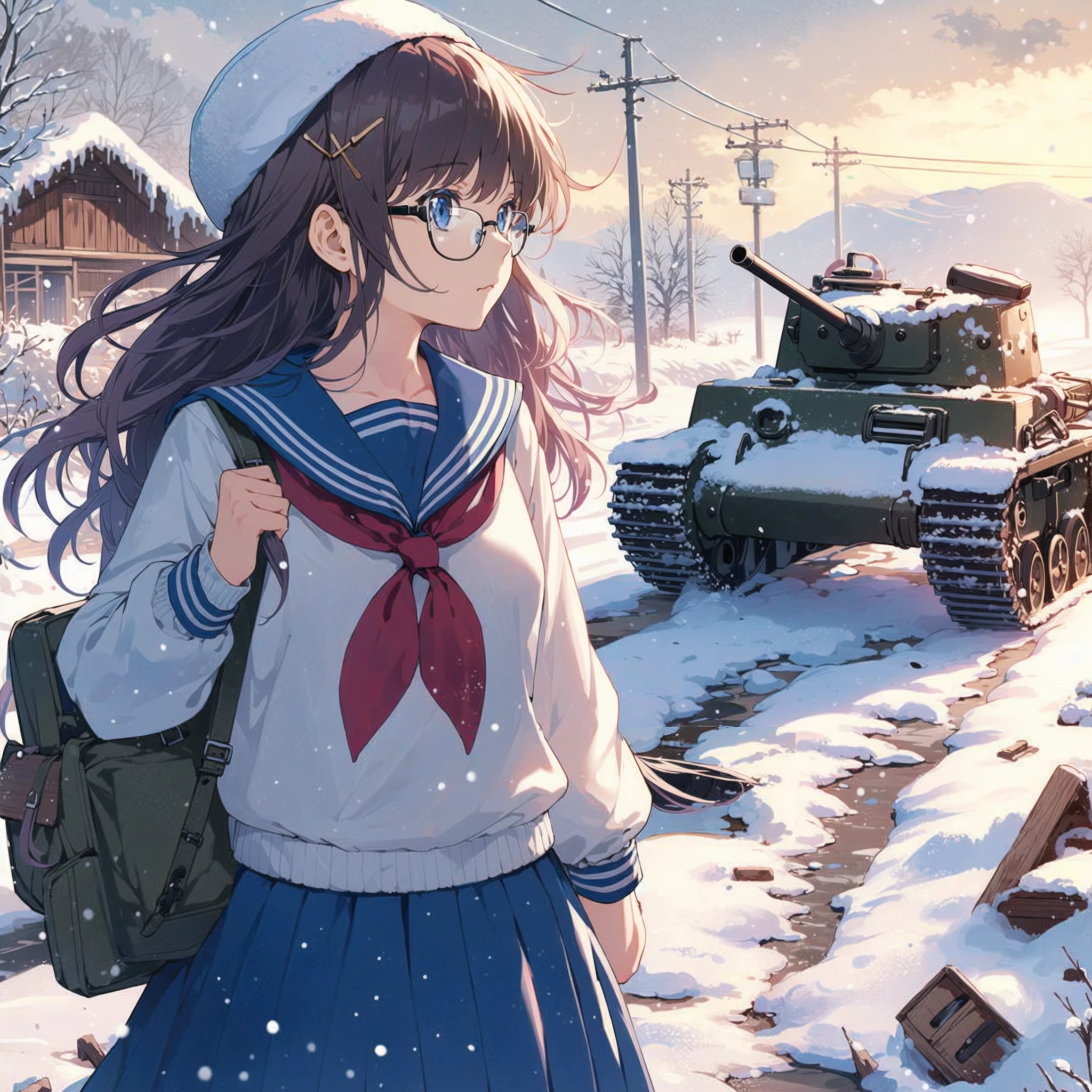 glasses 1girl, school uniform, tank, snow road,