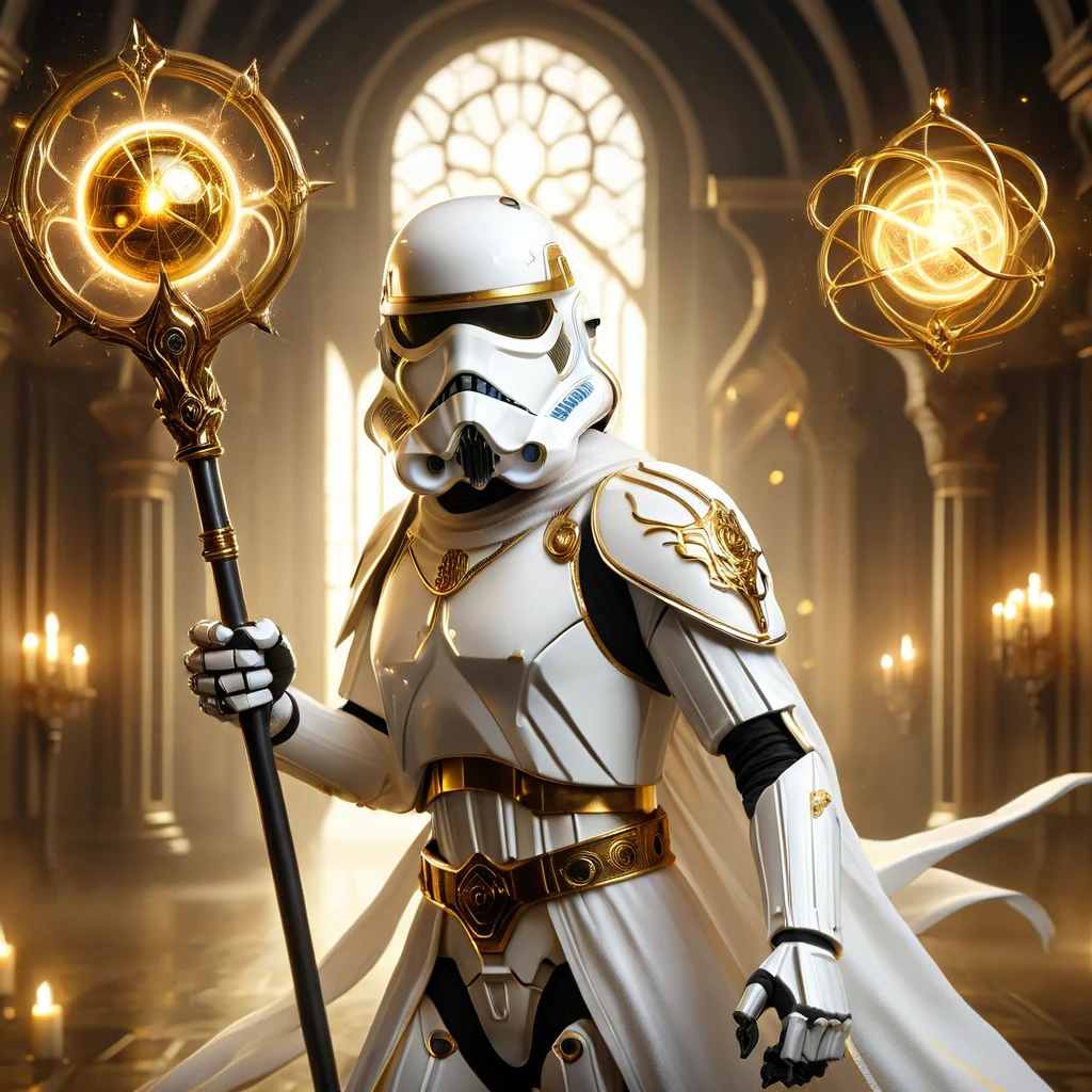 a detailed and realistic image of a white stormtrooper wielding a golden orbstaff, casting gold magic, gold glowing eyes, HD, masterpiece, best quality, hyper detailed, ultra detailed, realistic