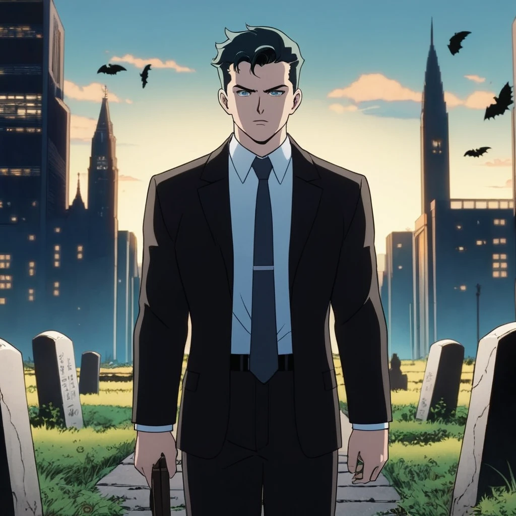 anime artwork of <lora:Bruce Wayne:1.2>
Bruce Wayne a young boy in a suit and tie in grave yard In Gotham City Universe, anime style, key visual, vibrant, studio anime, highly detailed