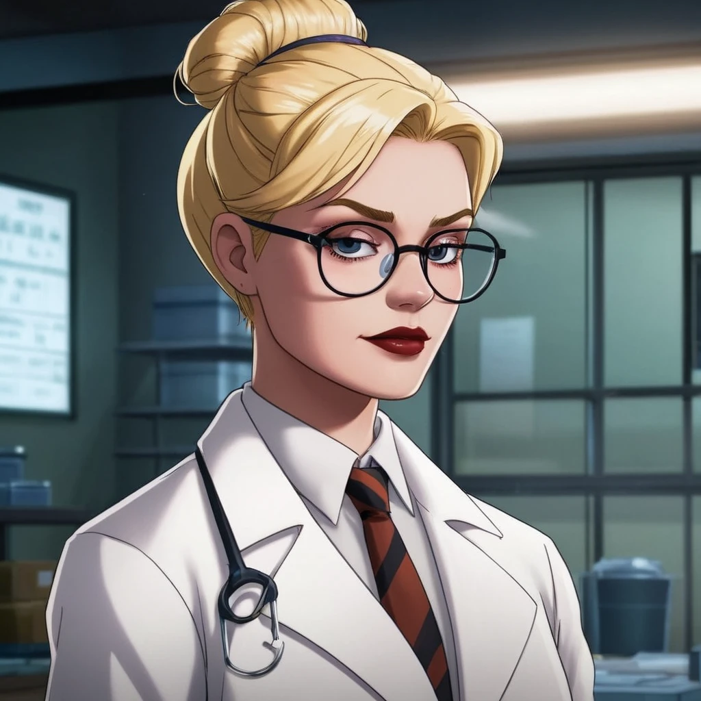 anime artwork of  <lora:Harleen Quinzel:1>
Harleen Quinzel a blonde psychiatrist woman with glasses and a white laboratory coat inside Arkham asylum In Gotham City Universe, anime style, key visual, vibrant, studio anime,  highly detailed