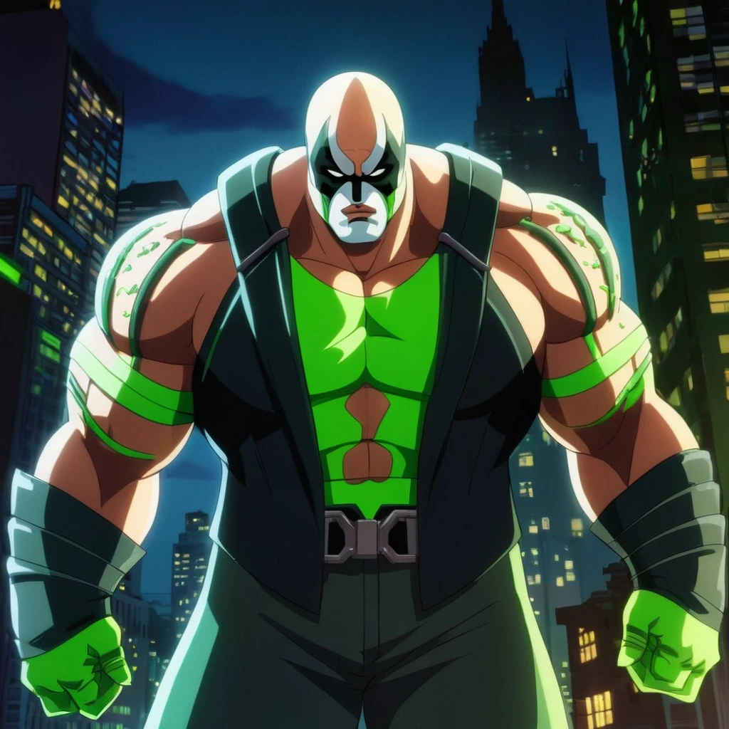 anime artwork of <lora:Bane:1.2>
Bane a cartoon giant shredded bodybuilding supervillain character with a green veins and black costume In Gotham City, anime style, key visual, vibrant, studio anime, highly detailed