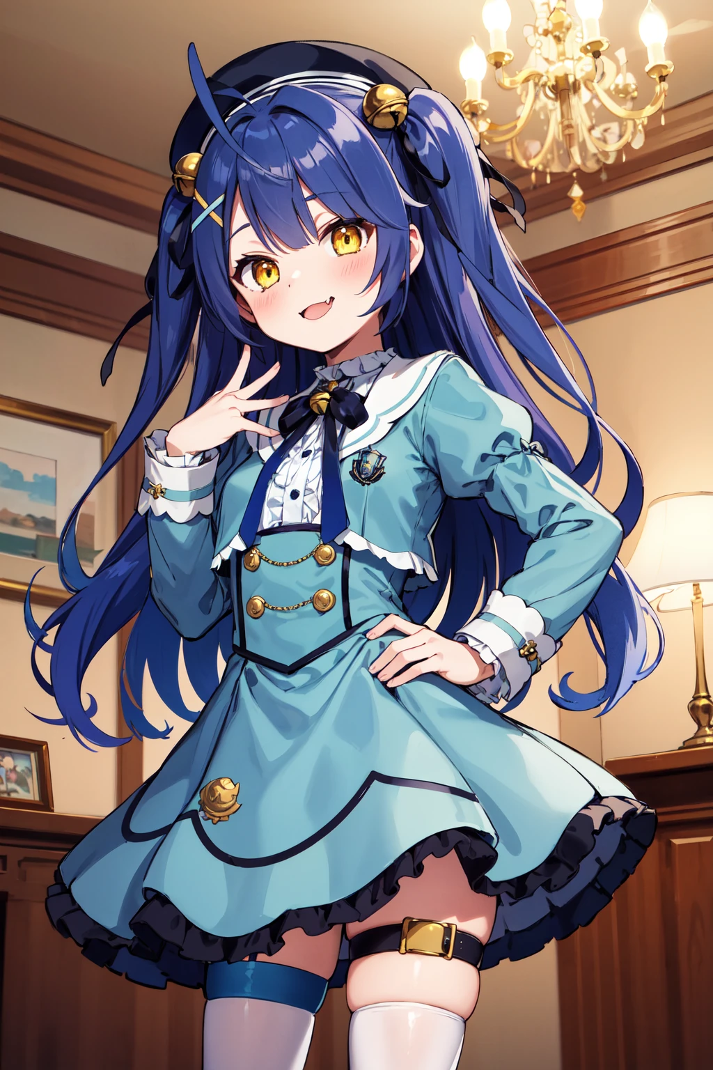 masterpiece, best quality, highres, aamya, long hair, ahoge, two side up, hair ribbon, hair bell, x hair ornament, beret, black headwear, blue dress, long sleeves, thigh strap, white thighhighs, <lora:amamiya_kokoro_v1:0.7>, smug, fang, hand on hip, indoors, chandelier,