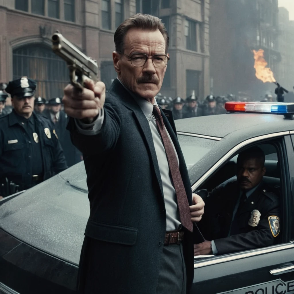 Gothic style,  <lora:Commissioner Gordon:1>
An epic movie scene starting Bryan Cranston as Commissioner Gordon a man holding a gun in front of a police crowd in Gotham city universe, Dark, mysterious, haunting, dramatic, ornate, detailed