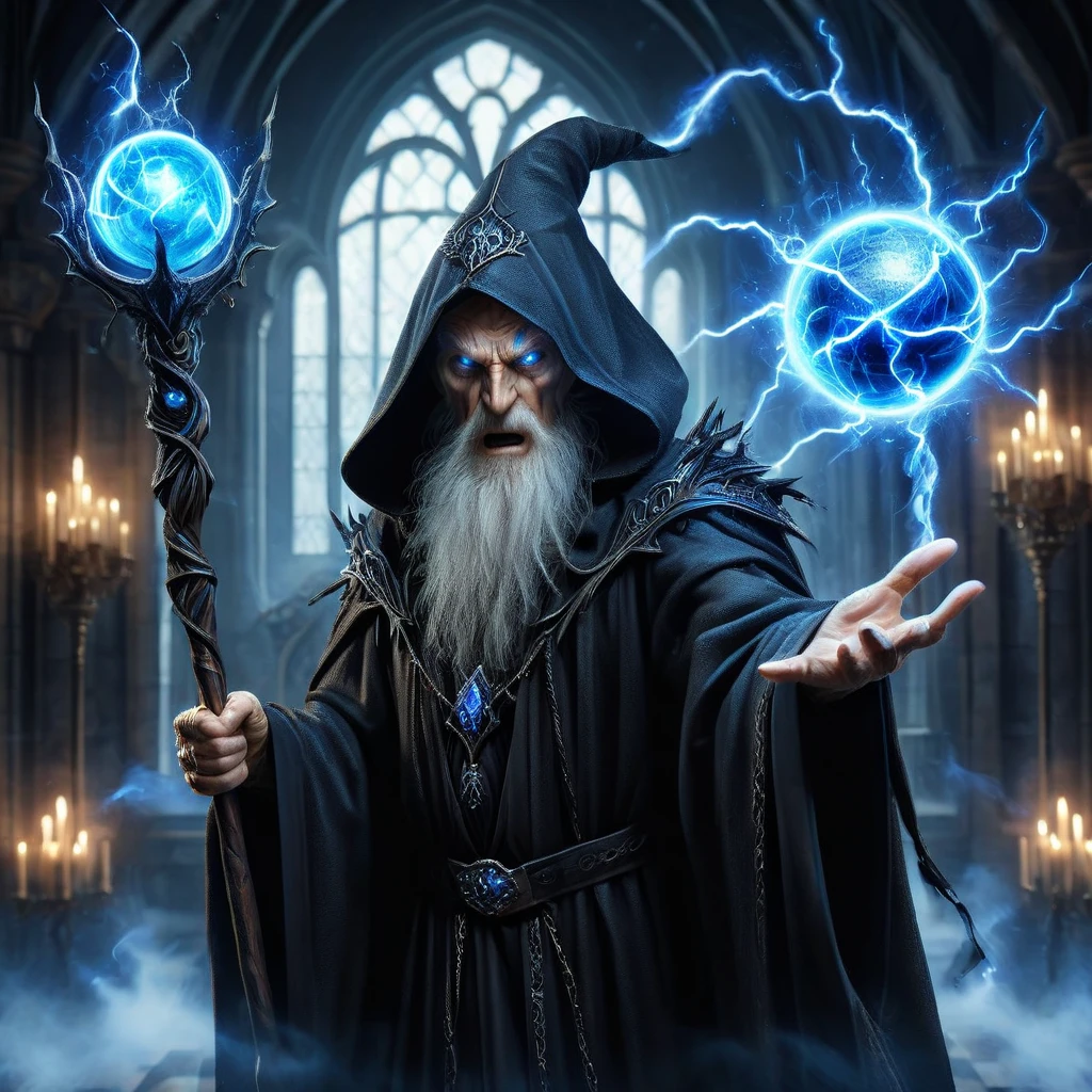 a detailed and realistic image of a old crazy wizard, wielding an blue orbstaff, casting thunder spells, wearing black magical robe, HD, masterpiece, best quality, hyper detailed, ultra detailed, realistic