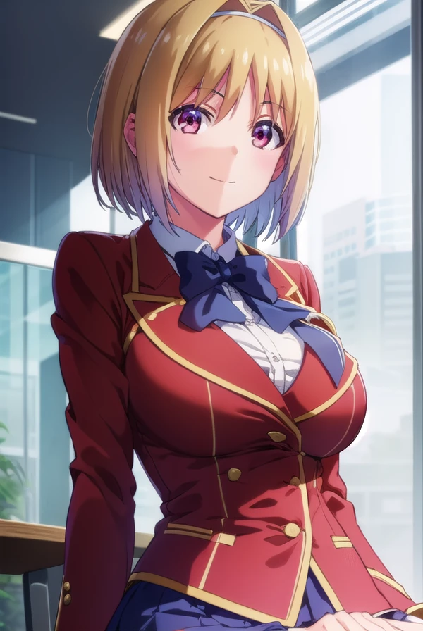kikyoukushida, <lora:kikyou kushida s2-lora-nochekaiser:1>,
kikyou kushida, short hair, blonde hair, (red eyes:1.3), hairband, hair intakes, smile,
BREAK shirt, long sleeves, bow, school uniform, jacket, white shirt, bowtie, blue bow, blazer, (red blazer:1.5),
BREAK indoors, classroom,
BREAK looking at viewer, (cowboy shot:1.5),
BREAK <lyco:GoodHands-beta2:1>, (masterpiece:1.2), best quality, high resolution, unity 8k wallpaper, (illustration:0.8), (beautiful detailed eyes:1.6), extremely detailed face, perfect lighting, extremely detailed CG, (perfect hands, perfect anatomy),