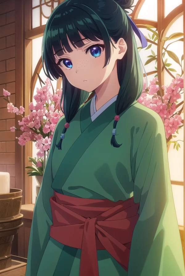 kusuriyamaomao, <lora:kusuriya maomao s1-lora-nochekaiser:1>,
maomao, long hair, bangs, blue eyes, hair ornament, green hair, blunt bangs, freckles, hair bun, single hair bun,
BREAK japanese clothes, robe, green robe, long sleeves, wide sleeves, hakama, red hakama,
BREAK indoors,
BREAK looking at viewer, (cowboy shot:1.5),
BREAK <lyco:GoodHands-beta2:1>, (masterpiece:1.2), best quality, high resolution, unity 8k wallpaper, (illustration:0.8), (beautiful detailed eyes:1.6), extremely detailed face, perfect lighting, extremely detailed CG, (perfect hands, perfect anatomy),