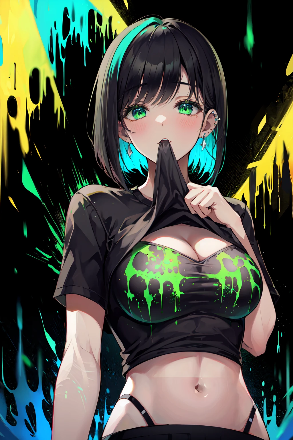 -mature lady, 1girl, black shirt, shirt, solo, breasts, green eyes, navel, looking at viewer, stomach, clothes lift, black hair, cleavage, short sleeves, midriff, ear piercing, large breasts, shirt lift, piercing, mouth hold, short hair, crop top, jewelry, earrings, lifted by self, green hair, upper body, paint splatter, black shorts, colored inner hair, underwear, bangs, bob cut, multicolored hair<lora:mature lady-000018:0.8>