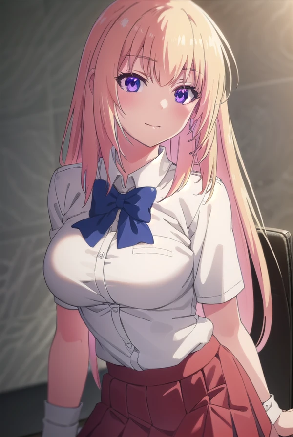 honamiichinose, <lora:honami ichinose s2-lora-nochekaiser:1>,
honami ichinose, long hair, blonde hair, (purple eyes:1.1), hair between eyes, smile,
BREAK skirt, bow, school uniform, pleated skirt, bowtie, blue bow, red skirt, collared shirt, white shirt, short sleeves,
BREAK indoors, classroom,
BREAK looking at viewer, (cowboy shot:1.5),
BREAK <lyco:GoodHands-beta2:1>, (masterpiece:1.2), best quality, high resolution, unity 8k wallpaper, (illustration:0.8), (beautiful detailed eyes:1.6), extremely detailed face, perfect lighting, extremely detailed CG, (perfect hands, perfect anatomy),