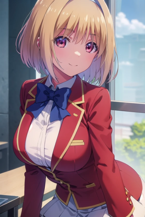 kikyoukushida, <lora:kikyou kushida s2-lora-nochekaiser:1>,
kikyou kushida, short hair, blonde hair, (red eyes:1.3), hairband, hair intakes, smile,
BREAK shirt, long sleeves, bow, school uniform, jacket, white shirt, bowtie, blue bow, blazer, (red blazer:1.5),
BREAK indoors, classroom,
BREAK looking at viewer, (cowboy shot:1.5),
BREAK <lyco:GoodHands-beta2:1>, (masterpiece:1.2), best quality, high resolution, unity 8k wallpaper, (illustration:0.8), (beautiful detailed eyes:1.6), extremely detailed face, perfect lighting, extremely detailed CG, (perfect hands, perfect anatomy),