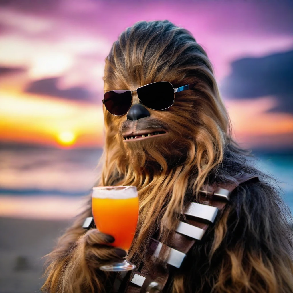 Chewbacca1024,wears sunglasses, sunset, beach, hold a cocktail, detailed eyes, highly detailed, photography, ultra sharp, film, bokeh, professional, 4k <lora:Chewbacca1024:0.8>