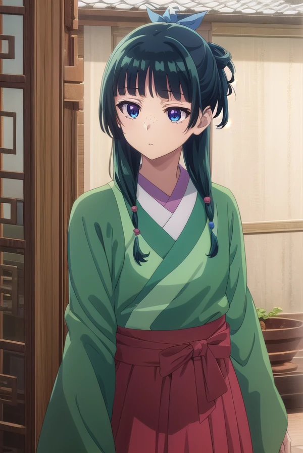 kusuriyamaomao, <lora:kusuriya maomao s1-lora-nochekaiser:1>,
maomao, long hair, bangs, blue eyes, hair ornament, green hair, blunt bangs, freckles, hair bun, single hair bun,
BREAK japanese clothes, robe, green robe, long sleeves, wide sleeves, hakama, red hakama,
BREAK indoors,
BREAK looking at viewer, (cowboy shot:1.5),
BREAK <lyco:GoodHands-beta2:1>, (masterpiece:1.2), best quality, high resolution, unity 8k wallpaper, (illustration:0.8), (beautiful detailed eyes:1.6), extremely detailed face, perfect lighting, extremely detailed CG, (perfect hands, perfect anatomy),