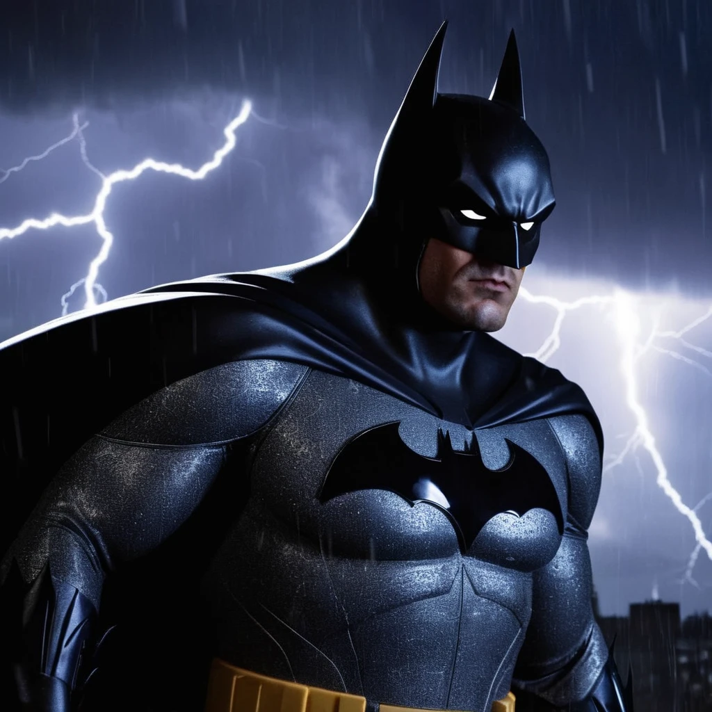 Gothic style, <lora:Batman:1>
a closeup on batman silhouetted standing in front of a lightning bolt in stormy rainy weather In Gotham City Universe, Dark, mysterious, haunting, dramatic, ornate, detailed