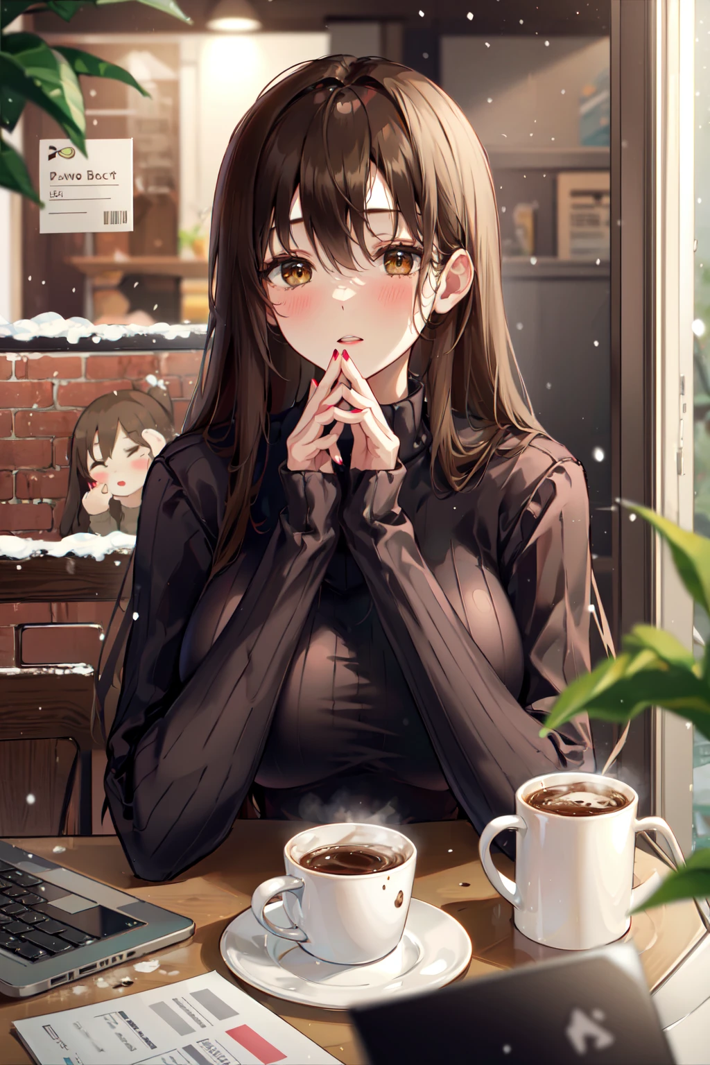 -mature lady, 1girl, solo, sweater, laptop, long hair, cup, brown hair, blush, computer, bangs, snowflakes, looking at viewer, mug, snowing, brick wall, coffee mug, long sleeves, cafe, turtleneck sweater, blurry foreground, black sweater, breasts, nail polish, coffee, table, brown eyes, turtleneck, plant, upper body, window, blurry, ribbed sweater, large breasts, hair between eyes, snow, hands up, sitting<<lora:mature lady-000018:0.8>