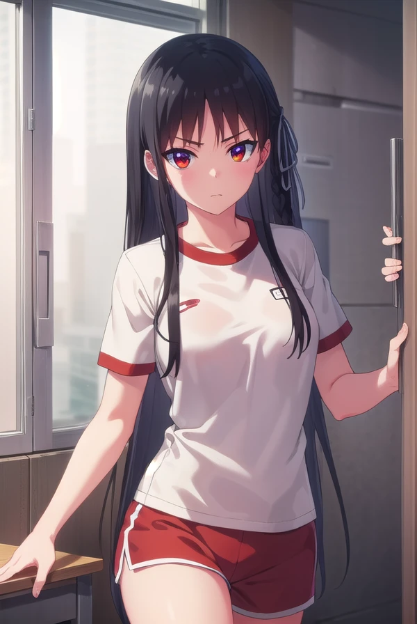suzunehorikita, <lora:suzune horikita s2-lora-nochekaiser:1>,
suzune horikita, long hair, black hair, (red eyes:1.3), hair ribbon, braid,
BREAK shirt, white shirt, short sleeves, shorts, gym uniform, red shorts, gym shirt, gym shorts,
BREAK indoors, classroom,
BREAK looking at viewer, (cowboy shot:1.5),
BREAK <lyco:GoodHands-beta2:1>, (masterpiece:1.2), best quality, high resolution, unity 8k wallpaper, (illustration:0.8), (beautiful detailed eyes:1.6), extremely detailed face, perfect lighting, extremely detailed CG, (perfect hands, perfect anatomy),