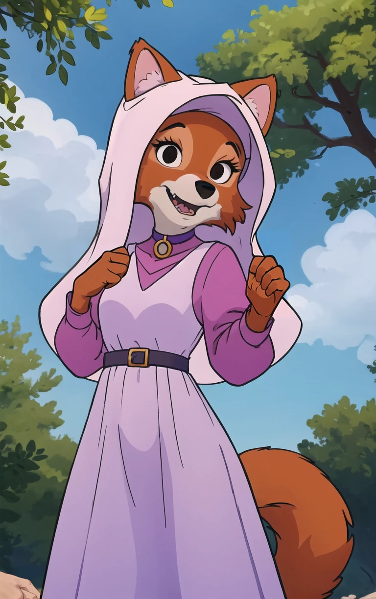 CARTOON_MaidMarian_ownwaifu,
1girl, furry, furry female, animal ears, black eyes, body fur, snout, two-tone fur, orange fur, animal nose, fangs, tail,
dress, long sleeves, purple dress, veil, choker, jewelry, brooch, hood up, long dress, belt, gem, puffy sleeves,
<lora:CARTOON_MaidMarian_ownwaifu:0.65>
((masterpiece)),((best quality)),(highres, absurdres), original, official_art, looking at viewer, solo, focused, outdoors, day, cowboy shot,