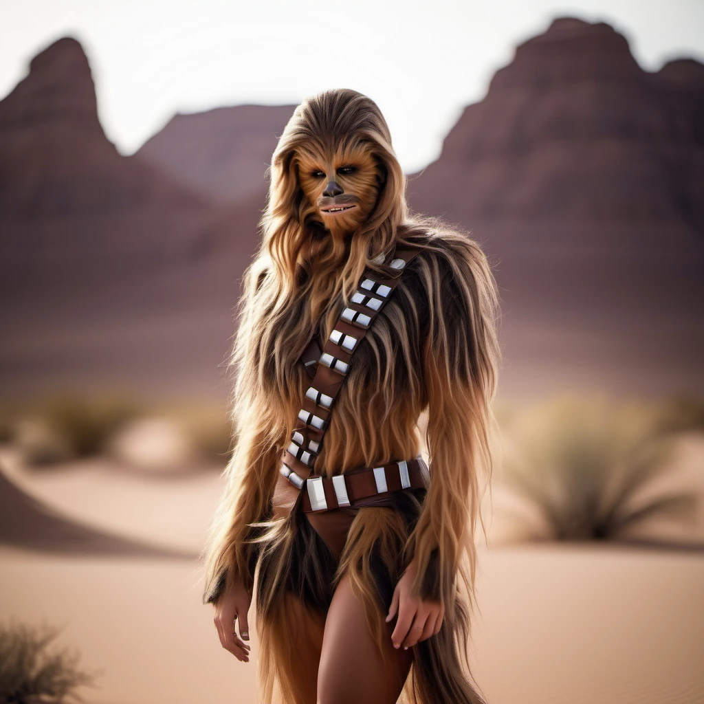 Chewbacca1024, a sexy busty furry woman, full body, very long hair, in the desert, detailed eyes, highly detailed, photography, ultra sharp, film, bokeh, professional, 4k  <lora:Chewbacca1024-000400:0.5>