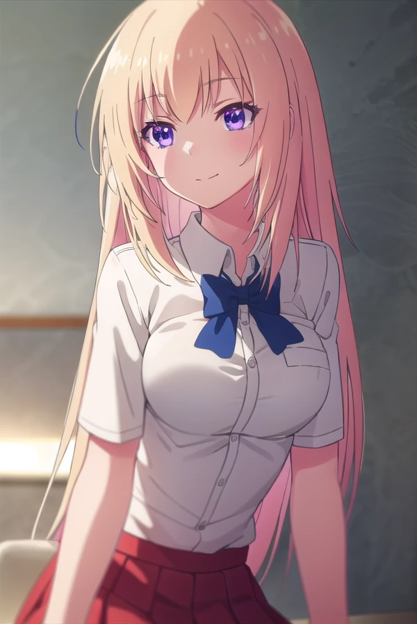 honamiichinose, <lora:honami ichinose s2-lora-nochekaiser:1>,
honami ichinose, long hair, blonde hair, (purple eyes:1.1), hair between eyes, smile,
BREAK skirt, bow, school uniform, pleated skirt, bowtie, blue bow, red skirt, collared shirt, white shirt, short sleeves,
BREAK indoors, classroom,
BREAK looking at viewer, (cowboy shot:1.5),
BREAK <lyco:GoodHands-beta2:1>, (masterpiece:1.2), best quality, high resolution, unity 8k wallpaper, (illustration:0.8), (beautiful detailed eyes:1.6), extremely detailed face, perfect lighting, extremely detailed CG, (perfect hands, perfect anatomy),