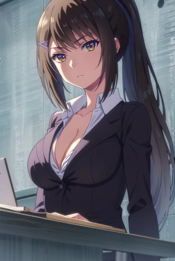 saechabashira, <lora:sae chabashira s2-lora-nochekaiser:1>,
sae chabashira, long hair, (black hair:1.5), hair ornament, (brown eyes:1.3), ponytail, hairclip,
BREAK shirt, cleavage, collarbone, jacket, white shirt, formal, suit,
BREAK indoors, classroom,
BREAK looking at viewer, (cowboy shot:1.5),
BREAK <lyco:GoodHands-beta2:1>, (masterpiece:1.2), best quality, high resolution, unity 8k wallpaper, (illustration:0.8), (beautiful detailed eyes:1.6), extremely detailed face, perfect lighting, extremely detailed CG, (perfect hands, perfect anatomy),