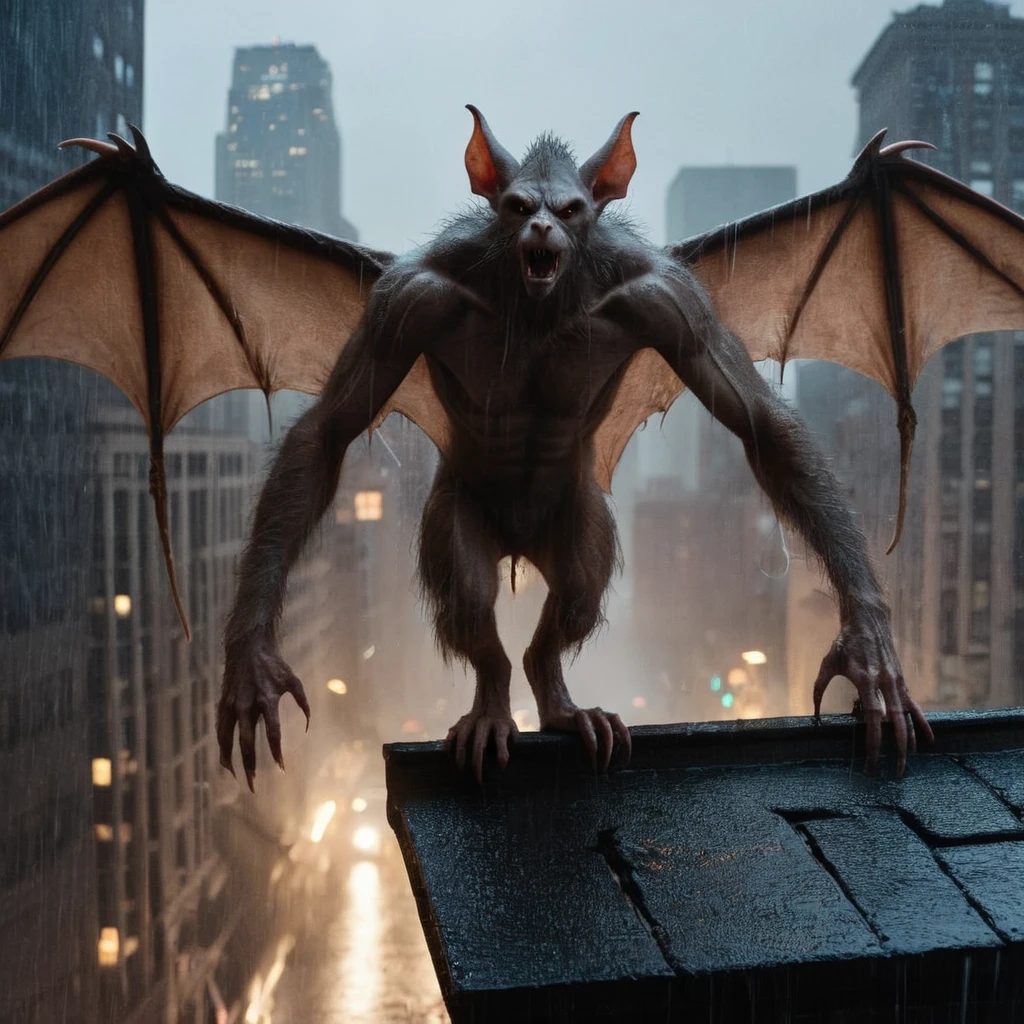 Horror-themed, <lora:Man-Bat:1>
Man-Bat a naked giant human creature on a ledge in rain in Gotham city universe, Eerie, unsettling, dark, spooky, suspenseful, grim, highly detailed