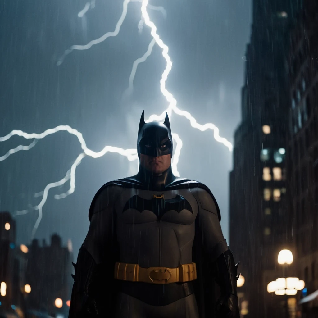 cinematic film still of  <lora:Batman:1>
a closeup on batman silhouetted standing in front of a lightning bolt in stormy rainy weather In Gotham City Universe, shallow depth of field, vignette, highly detailed, high budget, bokeh, cinemascope, moody, epic, gorgeous, film grain, grainy