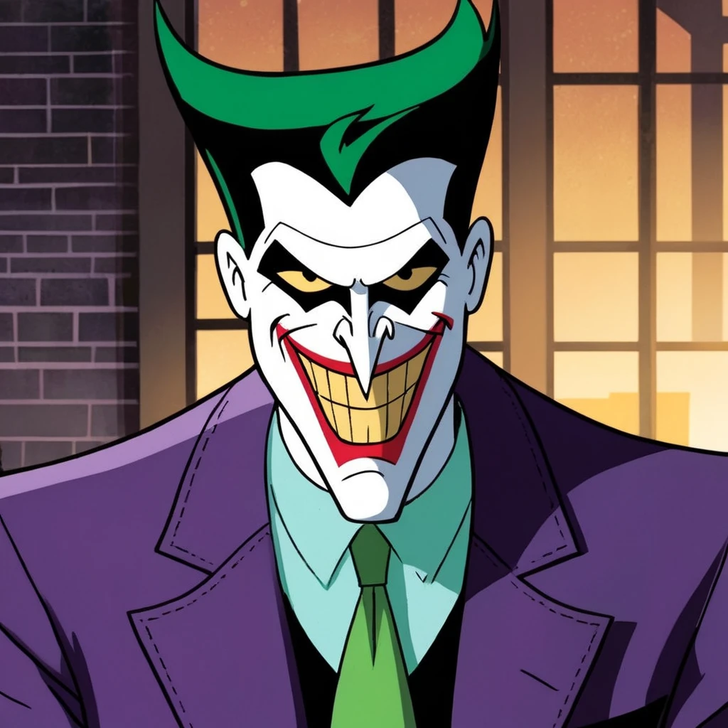 comic book art of <lora:Joker:1.2>
Joker a cartoon joker with a green tie and a purple suit in Gotham city universe, comic art, graphic novel illustration