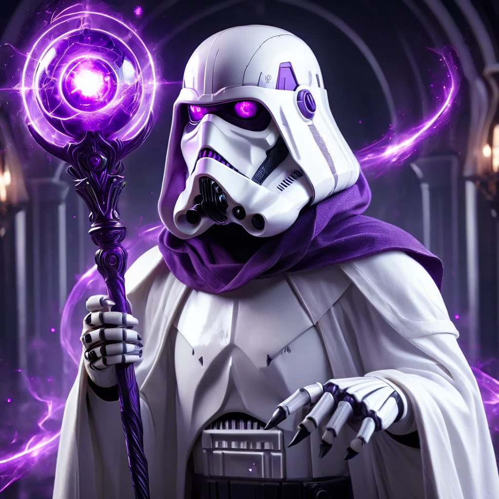 a detailed and realistic image of a white stormtrooper wielding a purple orbstaff, casting purple magic, purple glowing eyes, HD, masterpiece, best quality, hyper detailed, ultra detailed, realistic