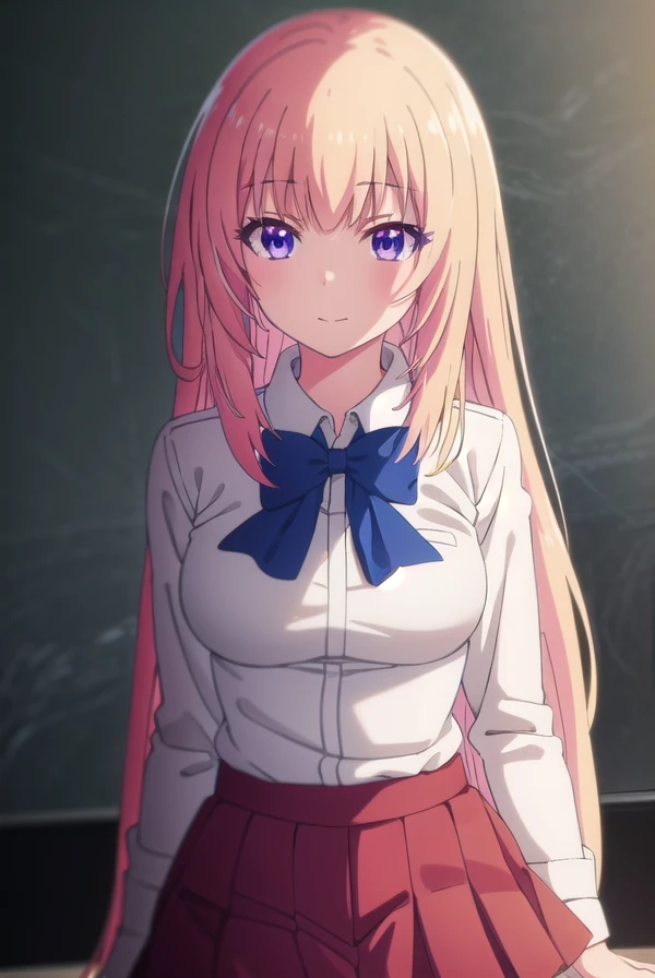 honamiichinose, <lora:honami ichinose s2-lora-nochekaiser:1>,
honami ichinose, long hair, blonde hair, (purple eyes:1.1), hair between eyes, smile,
BREAK skirt, bow, school uniform, pleated skirt, bowtie, blue bow, red skirt, collared shirt, white shirt, short sleeves,
BREAK indoors, classroom,
BREAK looking at viewer, (cowboy shot:1.5),
BREAK <lyco:GoodHands-beta2:1>, (masterpiece:1.2), best quality, high resolution, unity 8k wallpaper, (illustration:0.8), (beautiful detailed eyes:1.6), extremely detailed face, perfect lighting, extremely detailed CG, (perfect hands, perfect anatomy),