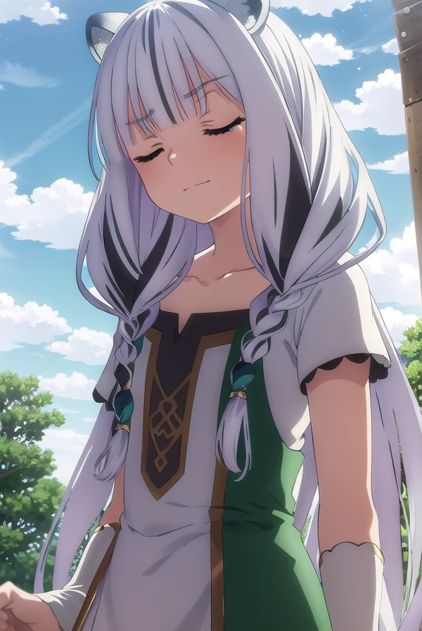 shieldatla, <lora:shield atla s3-lora-nochekaiser:1>,
atla, long hair, bangs, animal ears, very long hair, (closed eyes:1.5), braid, white hair, multicolored hair, twin braids, smile,
BREAK dress, collarbone, white dress, green dress, multicolored dress,
BREAK outdoors, forest, nature, sun, sky, clouds, grass, trees,
BREAK looking at viewer, (cowboy shot:1.5),
BREAK <lyco:GoodHands-beta2:1>, (masterpiece:1.2), best quality, high resolution, unity 8k wallpaper, (illustration:0.8), (beautiful detailed eyes:1.6), extremely detailed face, perfect lighting, extremely detailed CG, (perfect hands, perfect anatomy),
