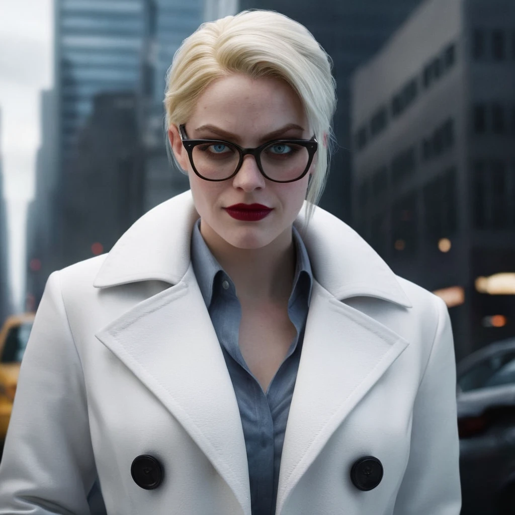 Hyperrealistic art of <lora:Harleen Quinzel:1.2>
Harleen Quinzel a woman with glasses and a white coat In Gotham City Universe, Extremely high-resolution details, photographic, realism pushed to extreme, fine texture, incredibly lifelike
