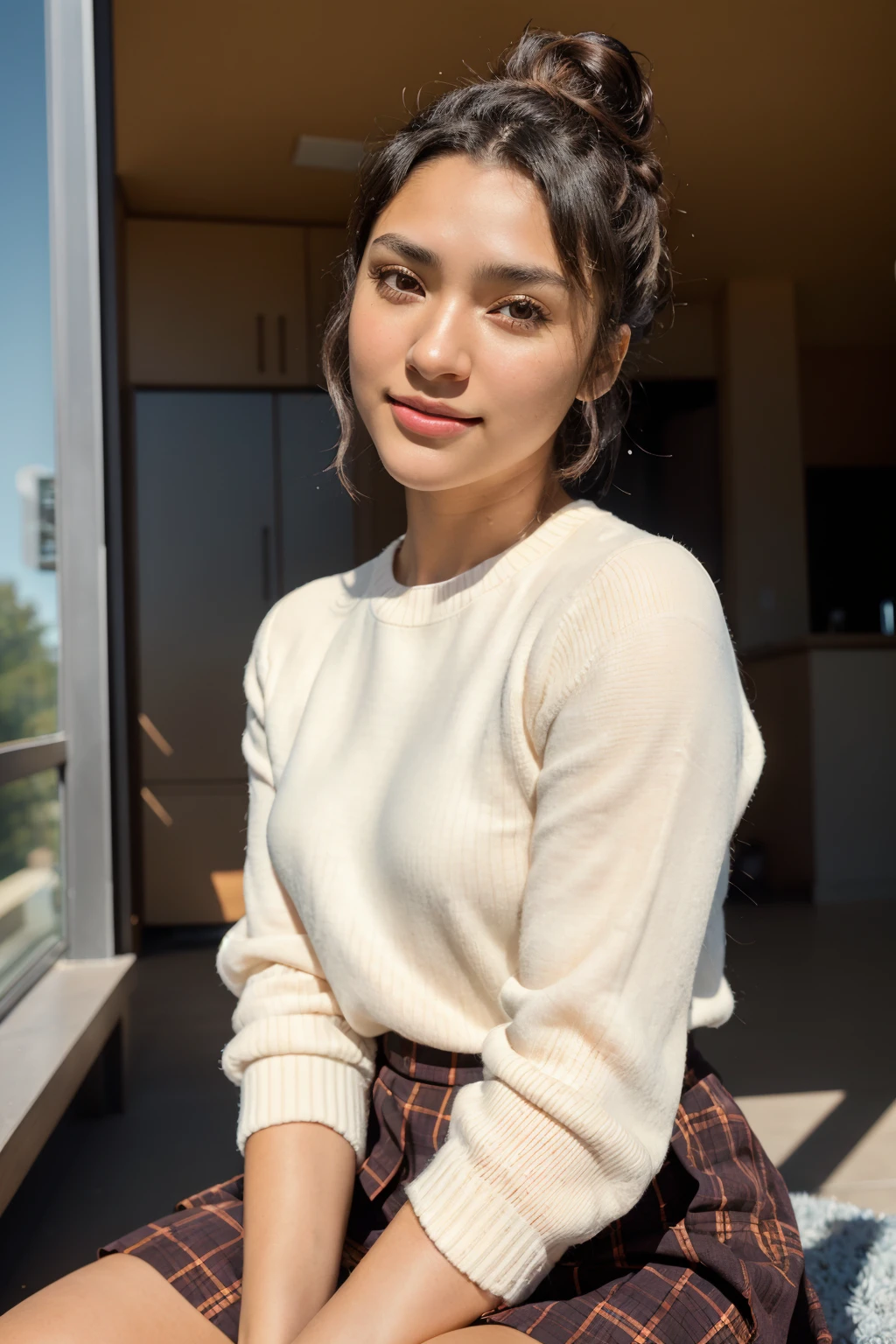 (masterpiece, best quality, high resolution:1.2), (seductive pose:1.2)
professional photo, HDR, natural light, (anti-aliasing:1.2), elegant, soft scattered light, realistic proportions, limited palette, backlit, accent lighting, (neutral colors:1.3), cross process, cinematic lighting, coherent light, coherent shadows, depth of field, 35mm photograph, film grain, film stock photograph ,kodak portra 400 ,camera f1.6 lens ,lifelike texture,
detailed face, detailed eyes, detailed skin, extremely detailed, intricate details,
<lora:ZH_BRamos_v1:1> (1girl, 23 years old), zh_bramos, solo, realistic, black hair, brown eyes, seductive smile, dark skin, sweater, skirt, sitting, hair bun,