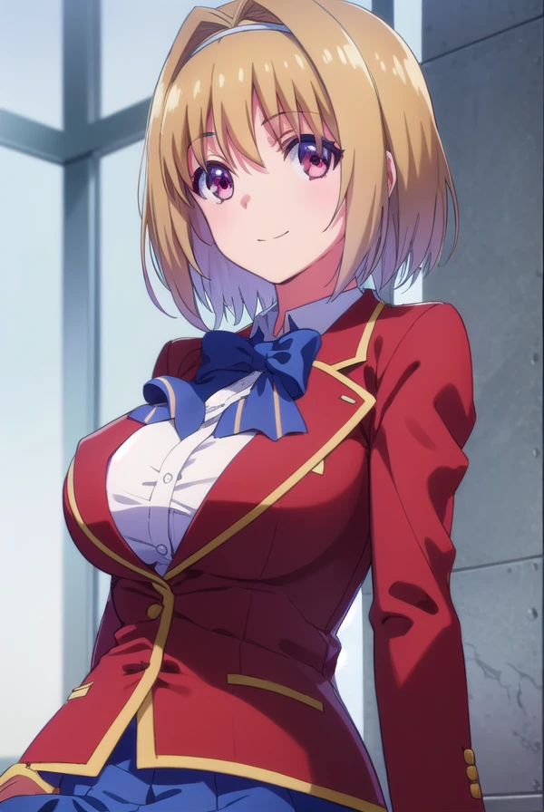 kikyoukushida, <lora:kikyou kushida s2-lora-nochekaiser:1>,
kikyou kushida, short hair, blonde hair, (red eyes:1.3), hairband, hair intakes, smile,
BREAK shirt, long sleeves, bow, school uniform, jacket, white shirt, bowtie, blue bow, blazer, (red blazer:1.5),
BREAK indoors, classroom,
BREAK looking at viewer, (cowboy shot:1.5),
BREAK <lyco:GoodHands-beta2:1>, (masterpiece:1.2), best quality, high resolution, unity 8k wallpaper, (illustration:0.8), (beautiful detailed eyes:1.6), extremely detailed face, perfect lighting, extremely detailed CG, (perfect hands, perfect anatomy),