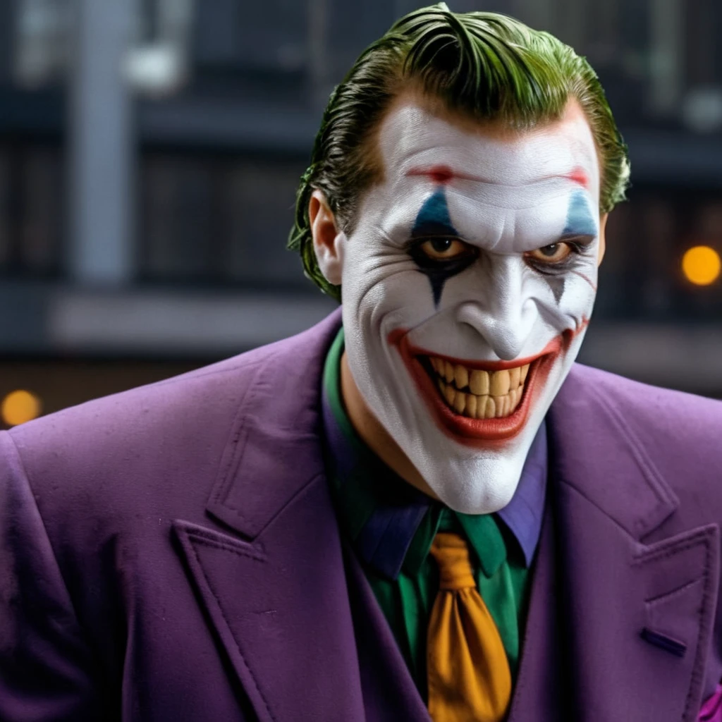 Hyperrealistic art of <lora:Joker:1.5>
The Joker with a purple suit and tie in Gotham city universe, Extremely high-resolution details, photographic, realism pushed to extreme, fine texture, incredibly lifelike