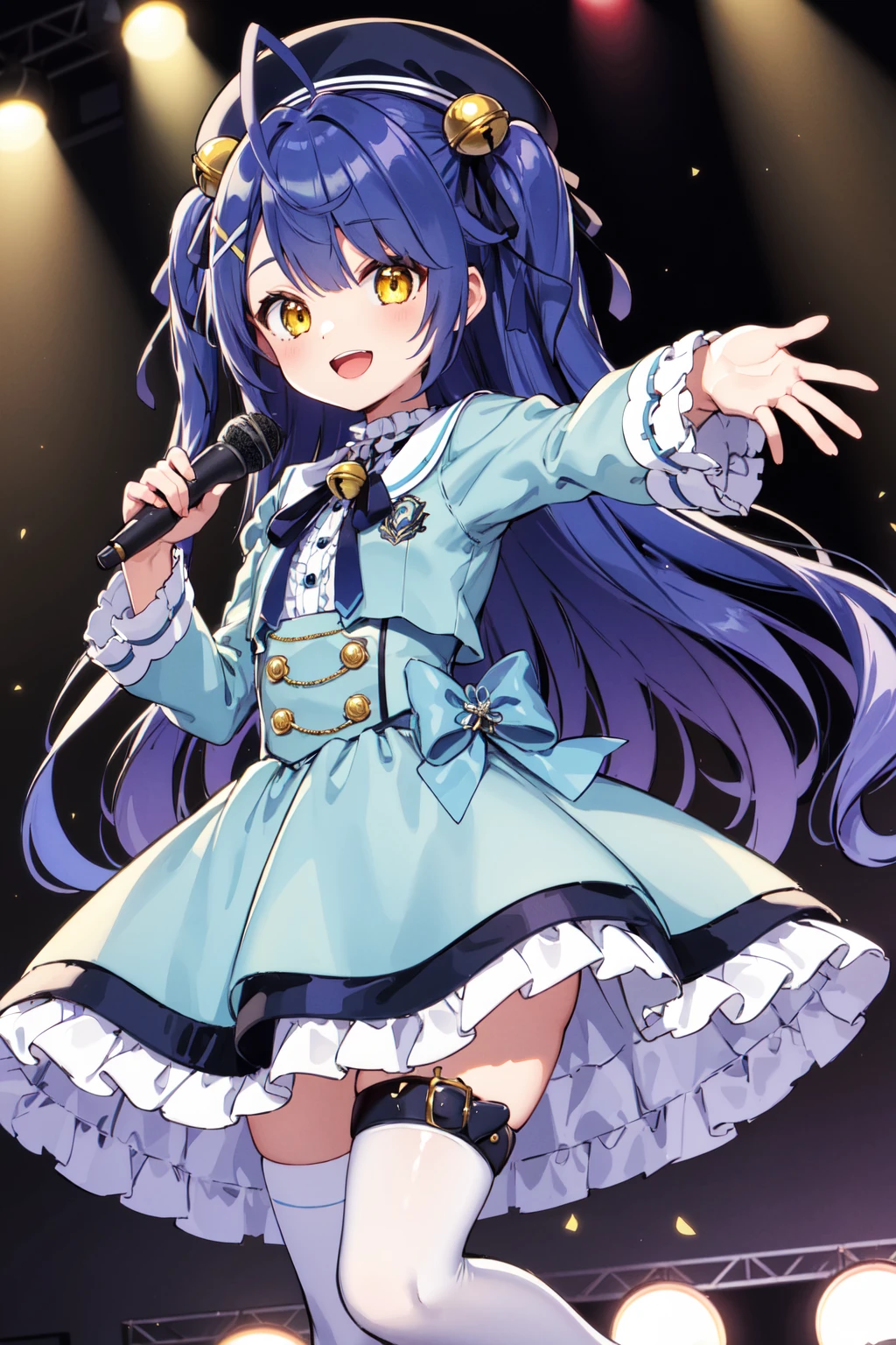 masterpiece, best quality, highres, aamya, long hair, ahoge, two side up, hair ribbon, hair bell, x hair ornament, beret, black headwear, blue dress, long sleeves, thigh strap, white thighhighs, <lora:amamiya_kokoro_v1:0.7>, stage, holding microphone, open mouth, smile, reaching out, standing