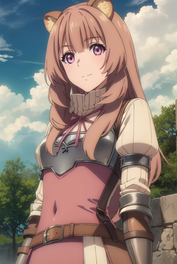 raphtalia, <lora:raphtalia s3-lora-nochekaiser:1>,
raphtalia, long hair, bangs, brown hair, animal ears, raccoon ears, raccoon tail, raccoon girl, (pink eyes:1.3), smile
BREAK long sleeves, sweater, ribbed sweater, puffy sleeves, breastplate, ribbon, red ribbon, gauntlets, glove, brown gloves, belt, skirt, armor,
BREAK outdoors, forest, nature, sun, sky, trees, clouds, grass,
BREAK looking at viewer, (cowboy shot:1.5),
BREAK <lyco:GoodHands-beta2:1>, (masterpiece:1.2), best quality, high resolution, unity 8k wallpaper, (illustration:0.8), (beautiful detailed eyes:1.6), extremely detailed face, perfect lighting, extremely detailed CG, (perfect hands, perfect anatomy),