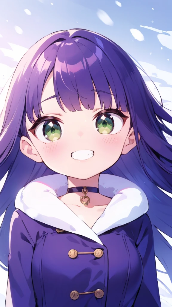 solo, {{ petite, }}
long hair, straight hair, blunt bangs, purple hair, green eyes, small breasts, {{ choker, }} long sleeves, grin, coat,
wind, portrait, snow, outdoors,
masterpiece, best quality, absurdres,