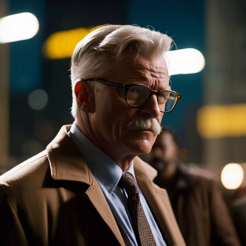 cinematic film still of <lora:Commissioner Gordon:1.2>
Commissioner Gordon a 40 years old brown_hair man with glasses looks at something in Gotham city universe, shallow depth of field, vignette, highly detailed, high budget, bokeh, cinemascope, moody, epic, gorgeous, film grain, grainy