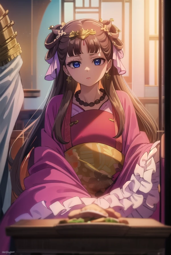 lishu, <lora:lishu s1-lora-nochekaiser:1>,
lishu, long hair, brown hair, hair ornament, (purple eyes:1.1), tiara,
BREAK jewelry, earrings, necklace, chinese clothes, hanfu,
BREAK indoors,
BREAK looking at viewer, (cowboy shot:1.5),
BREAK <lyco:GoodHands-beta2:1>, (masterpiece:1.2), best quality, high resolution, unity 8k wallpaper, (illustration:0.8), (beautiful detailed eyes:1.6), extremely detailed face, perfect lighting, extremely detailed CG, (perfect hands, perfect anatomy),