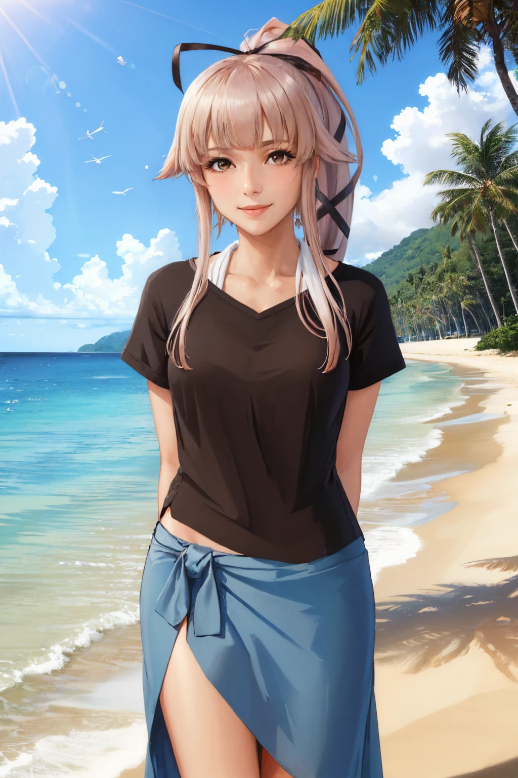 (masterpiece, best quality:1.2), solo, 1girl, yurasummer, smile, looking at viewer, arms behind back, ponytail, hair ribbon, black shirt, short sleeves, blue sarong, beach <lora:kancolle_yurakaini-12:1>