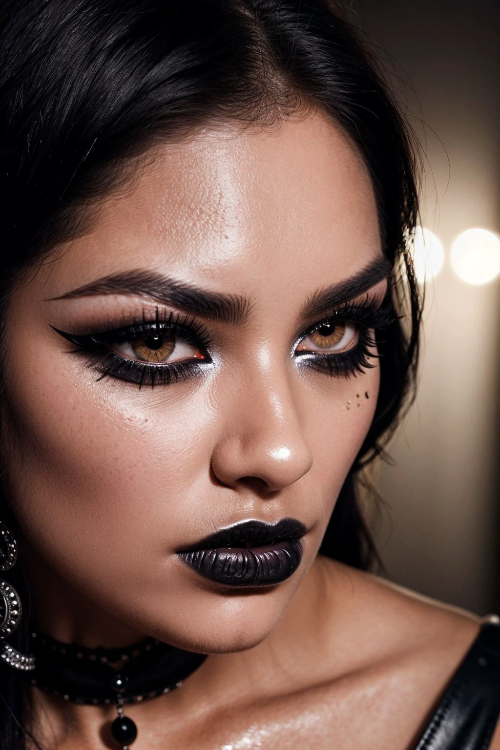 face close up, glamour photography of a random stylish goth girl, edgy vibe, dark, mascara, eyeliner, dark cheeks, Unique facial piercings with ornate jewelry, Round eyes, Dimples, Smoky eye makeup, Defined jawline, skin pores, shiny skin, grainy, harsh flash lighting, sepia tone