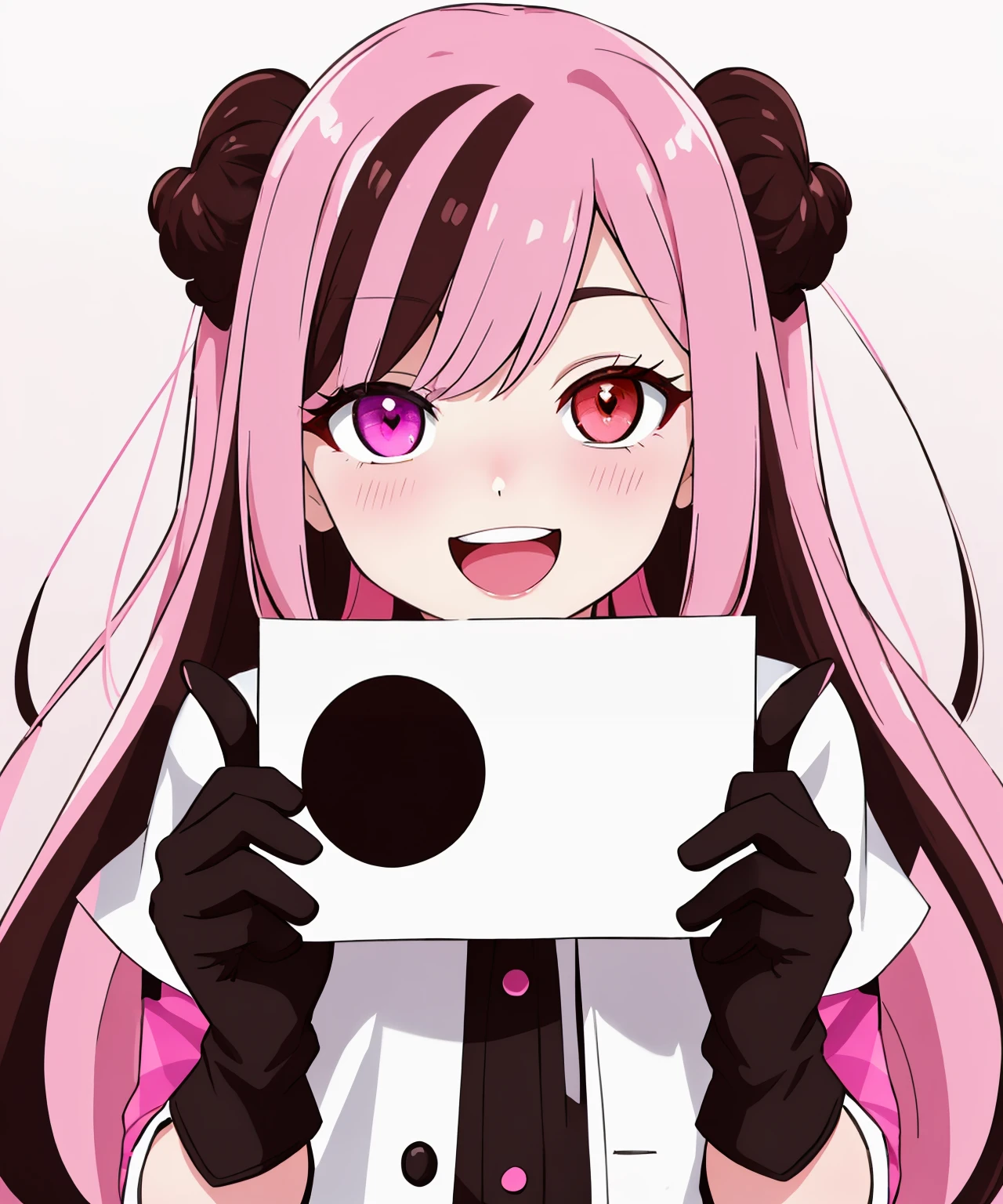 masterpiece, best quality, HS, split-color hair, 1girl, solo, pink hair, brown hair, multicolored hair, heterochromia, gloves, pink eyes, brown eyes, open mouth, long hair, smile, looking at viewer, two-tone hair, artist name, upper body, :d, black gloves, blush, <lora:SignV1_124180:1>