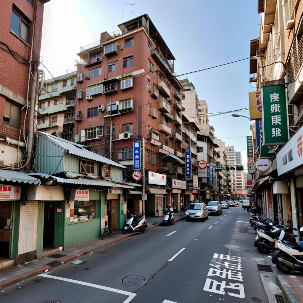A photo-realistic, detailed close-up of a chaotic urban streetscape. The scene is characterized by a tangle of overhead wires and haphazardly placed signage, each vying for attention. The buildings are aged and worn, their facades telling stories of decades past, with peeling paint and weathered bricks. This section of the street is bustling with life, reflecting the unpolished charm of a city that has grown organically over time. The light casts deep shadows and accentuates the textures, adding a gritty realism to the image, <lora:taiwanStreet:0.65> ,<lora:crayons_v1_sdxl:0.8>