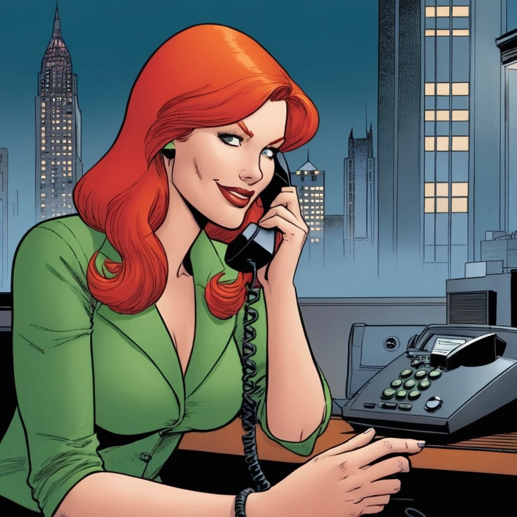 comic book art of <lora:Barbara Gordon:1.2>
Barbara Gordon a woman with red hair talking on a cordless phone In Gotham City, comic art, graphic novel illustration